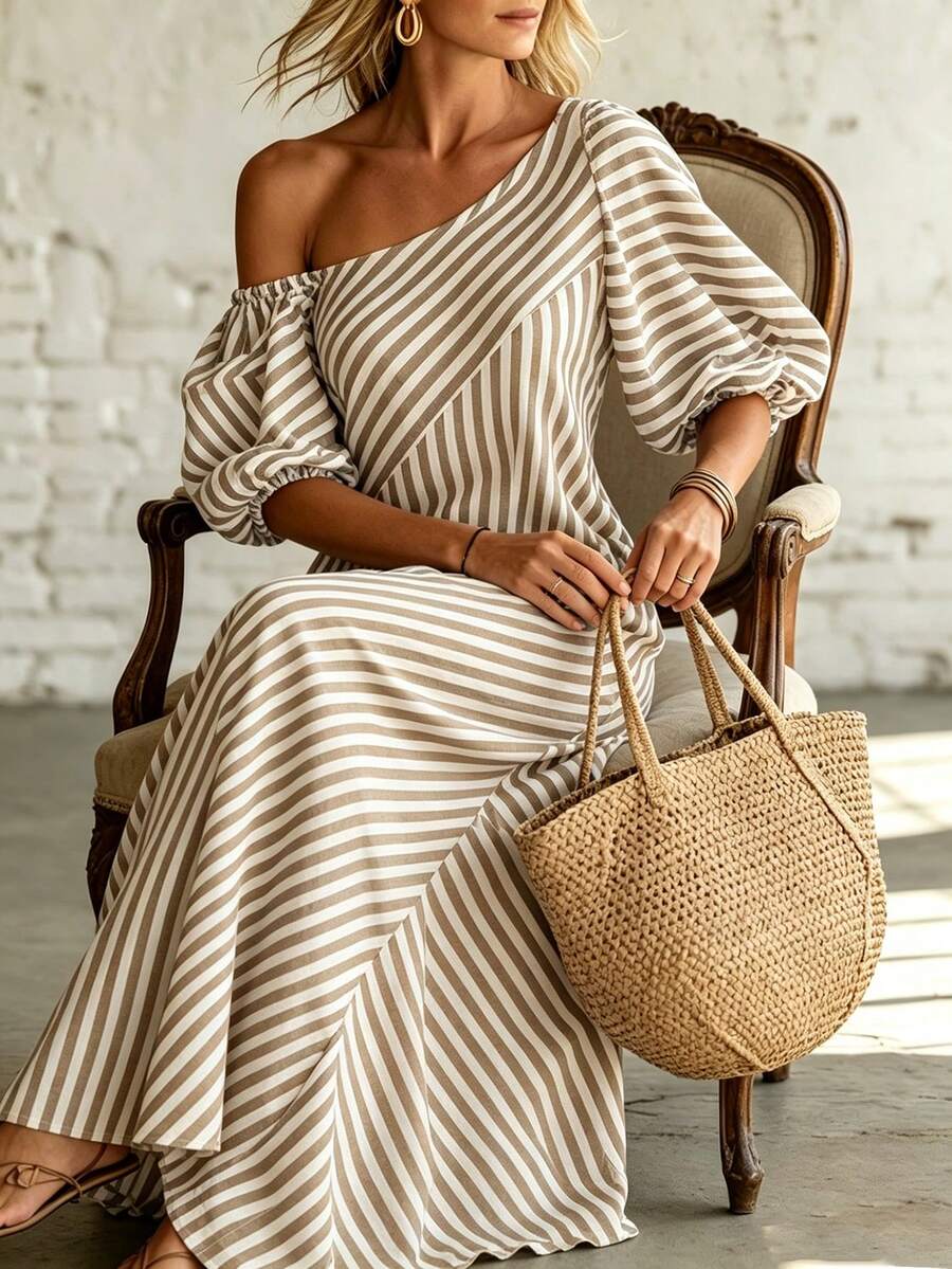 Layla - Striped Off Shoulder Puff Sleeve Maxi Dress