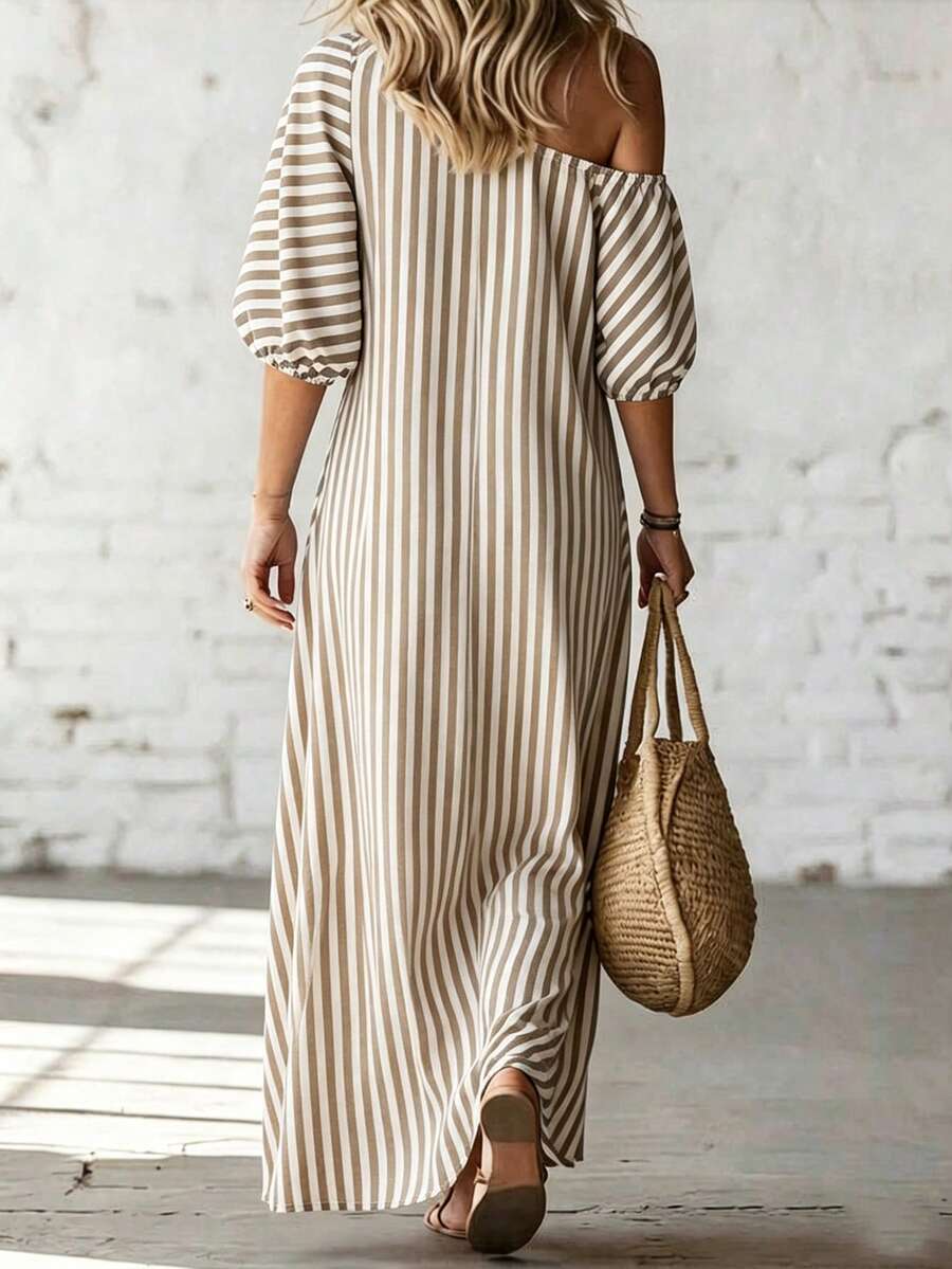 Layla - Striped Off Shoulder Puff Sleeve Maxi Dress