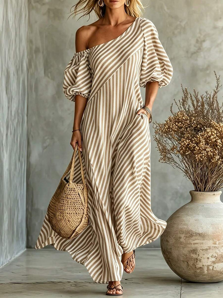 Layla - Striped Off Shoulder Puff Sleeve Maxi Dress