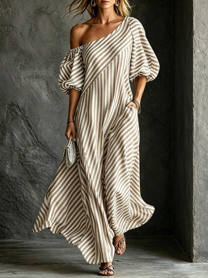 Layla - Striped Off Shoulder Puff Sleeve Maxi Dress