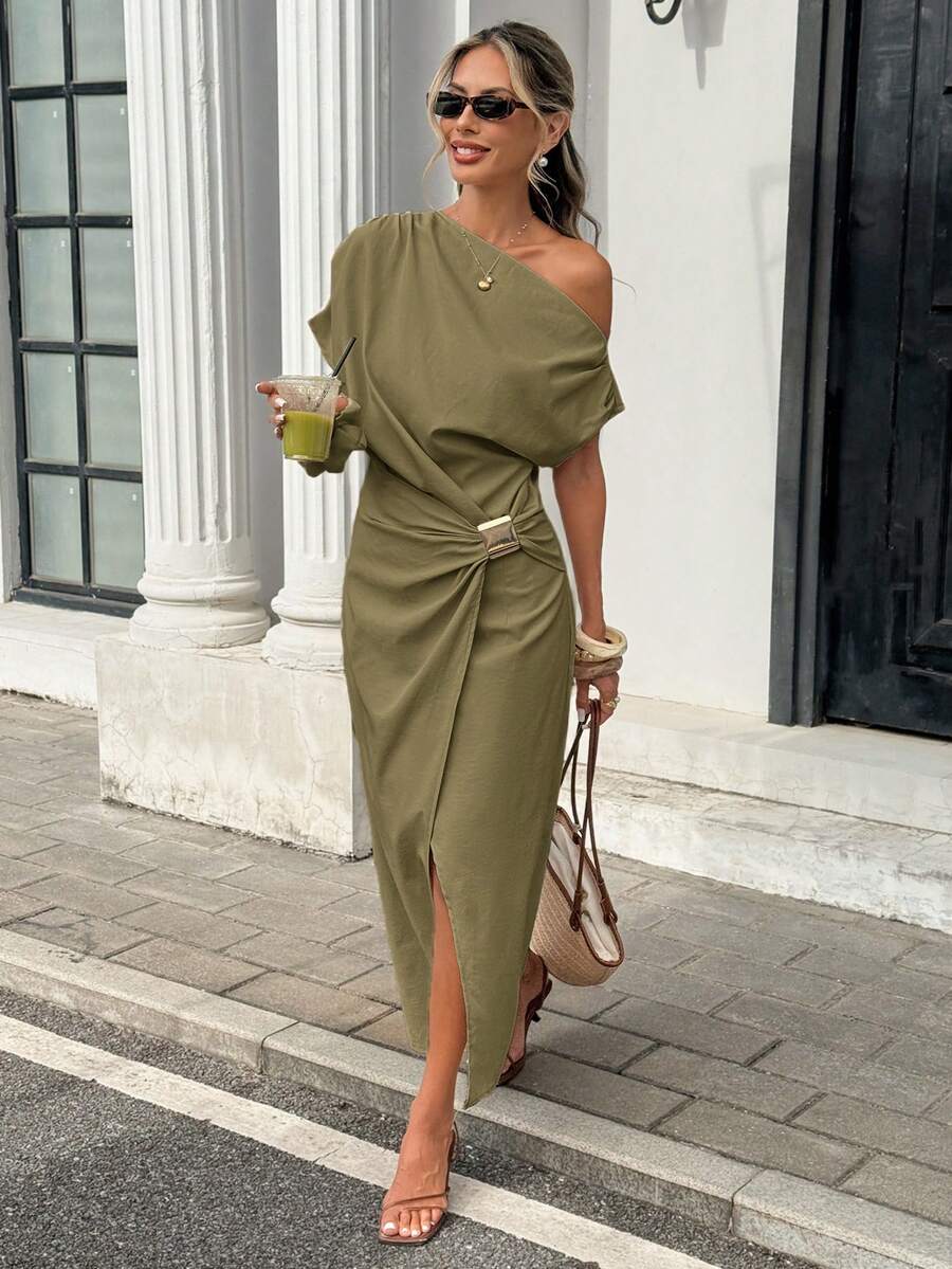 Serise - Off Shoulder Buckle Wrap Maxi Dress