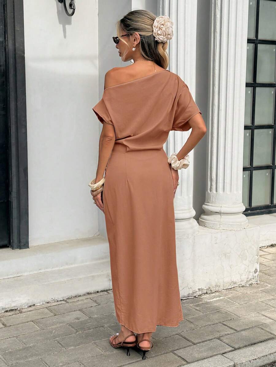 Serise - Off Shoulder Buckle Wrap Maxi Dress
