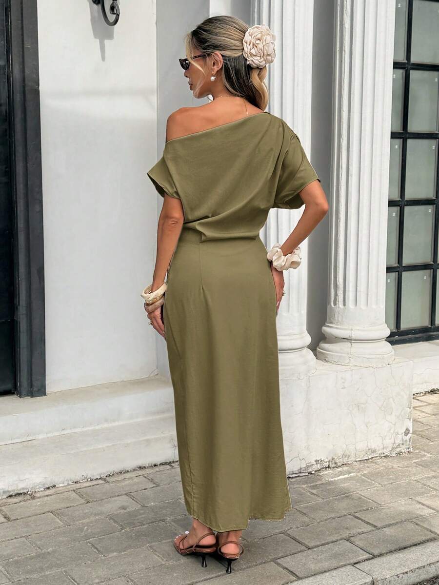 Serise - Off Shoulder Buckle Wrap Maxi Dress