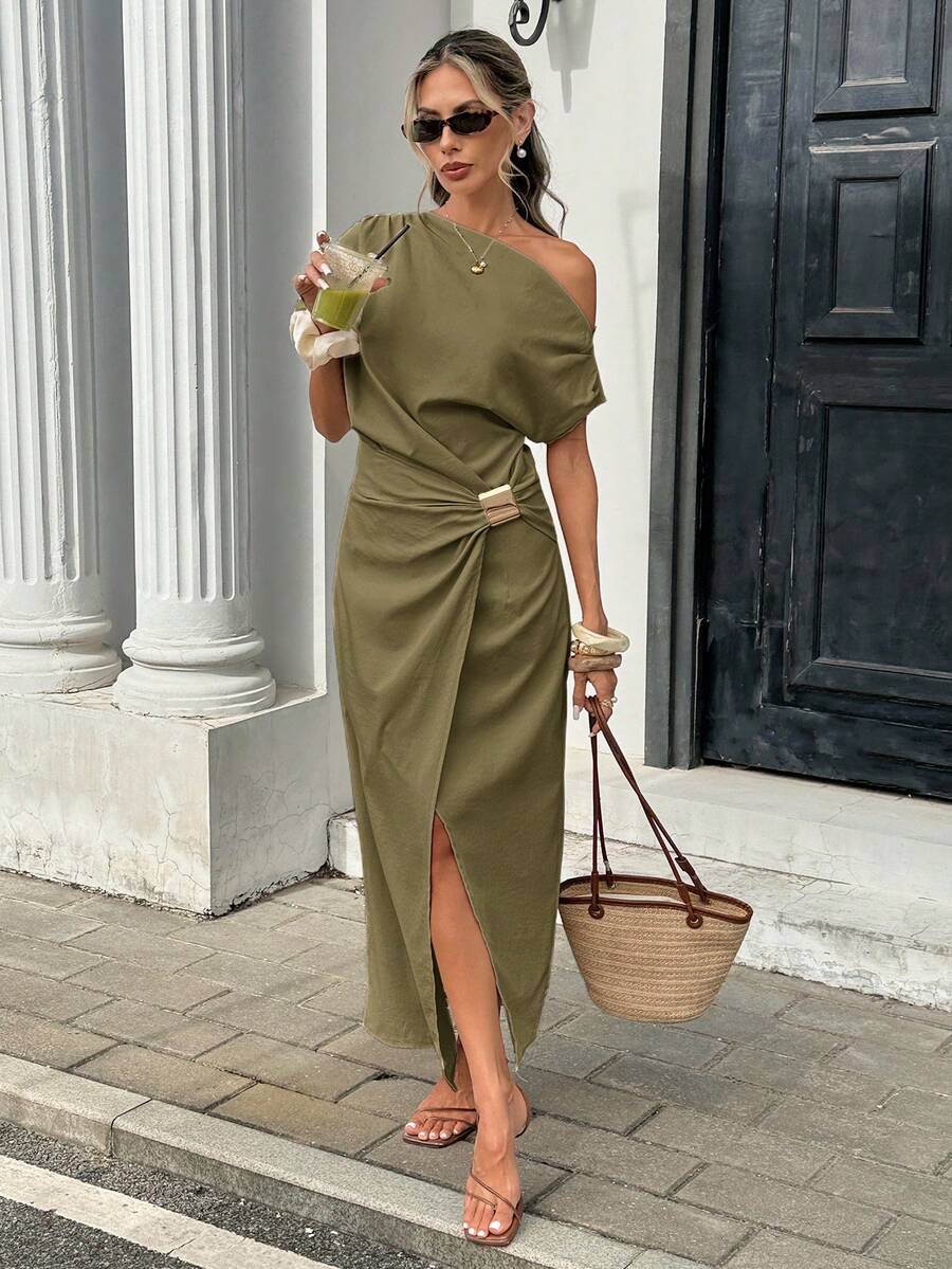 Serise - Off Shoulder Buckle Wrap Maxi Dress