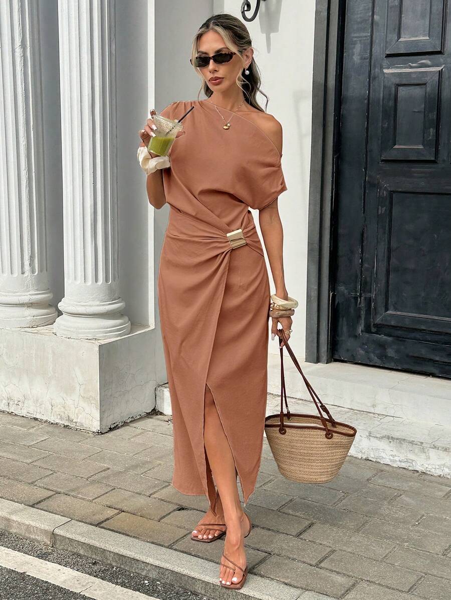 Serise - Off Shoulder Buckle Wrap Maxi Dress