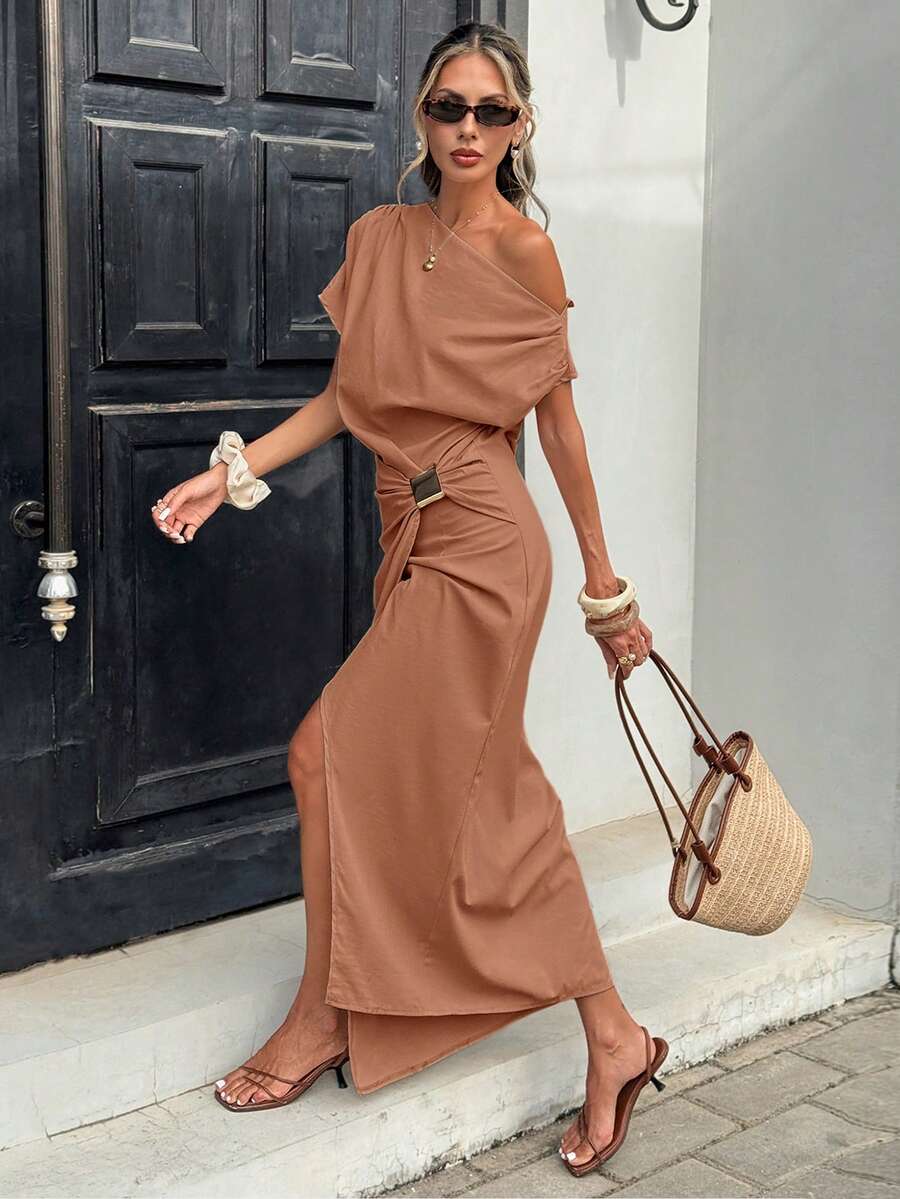 Serise - Off Shoulder Buckle Wrap Maxi Dress