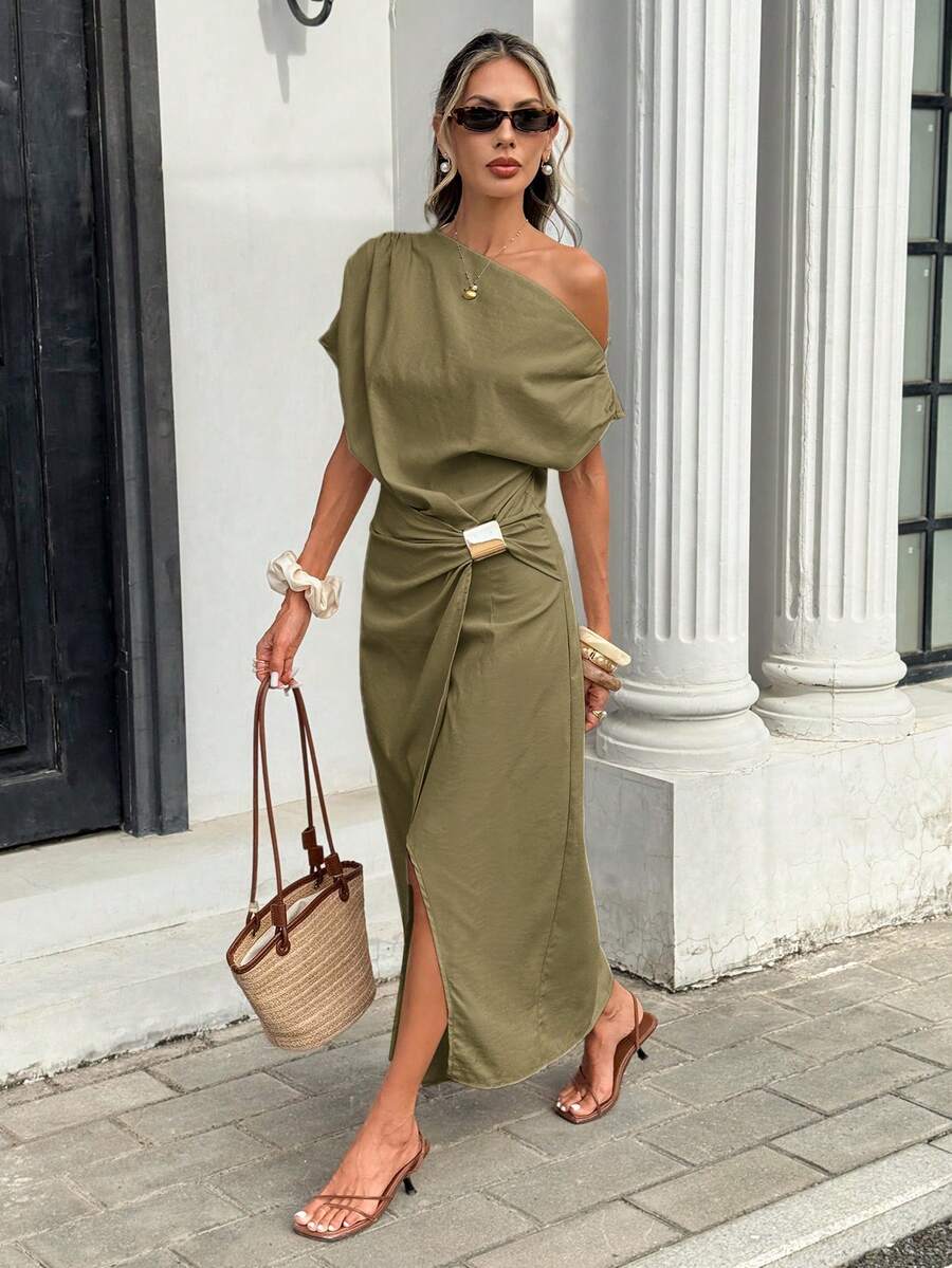 Serise - Off Shoulder Buckle Wrap Maxi Dress
