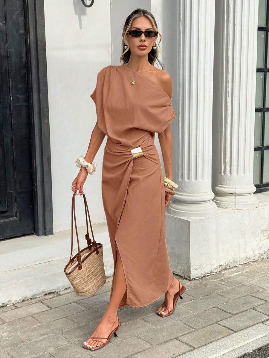 Serise - Off Shoulder Buckle Wrap Maxi Dress