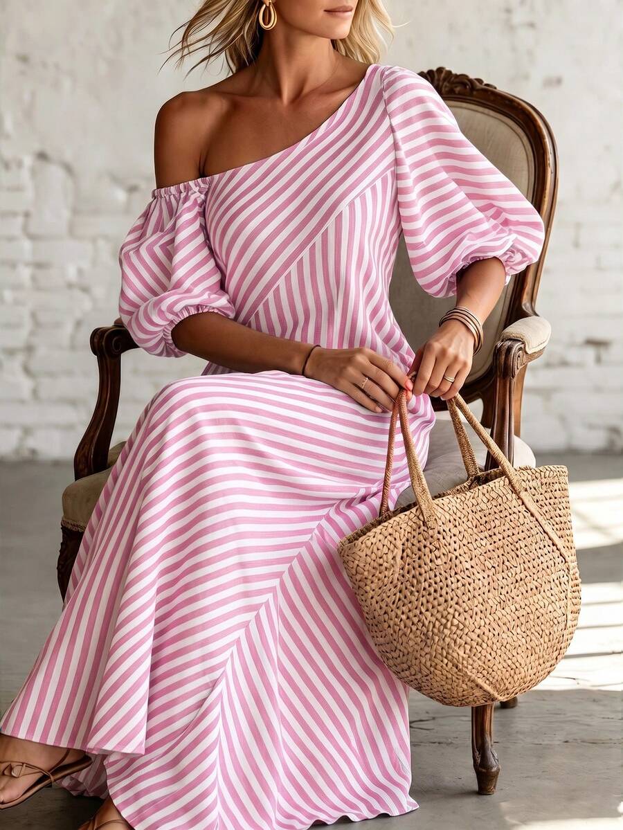 Layla - Striped Off Shoulder Puff Sleeve Maxi Dress
