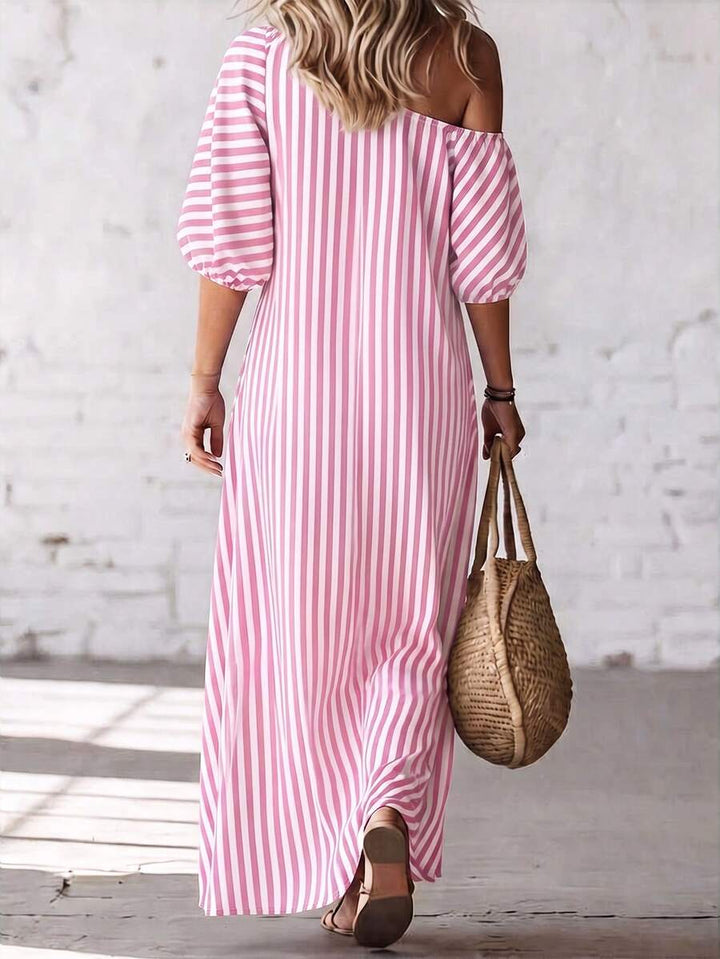 Layla - Striped Off Shoulder Puff Sleeve Maxi Dress