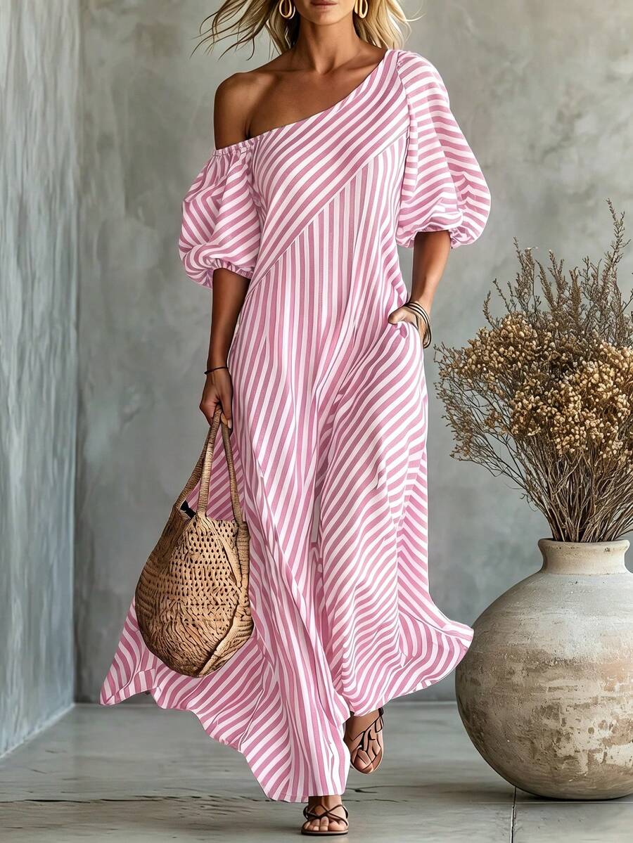 Layla - Striped Off Shoulder Puff Sleeve Maxi Dress