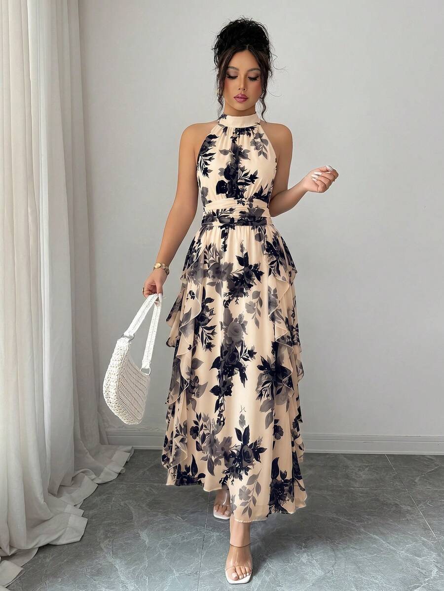 Felicity - Halter Neck Floral Ruffle Maxi Dress
