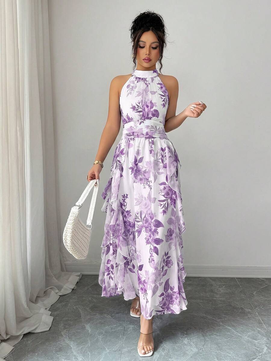 Felicity - Halter Neck Floral Ruffle Maxi Dress