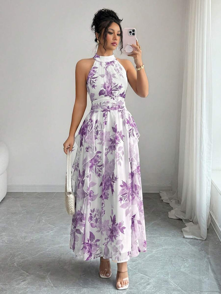 Felicity - Halter Neck Floral Ruffle Maxi Dress