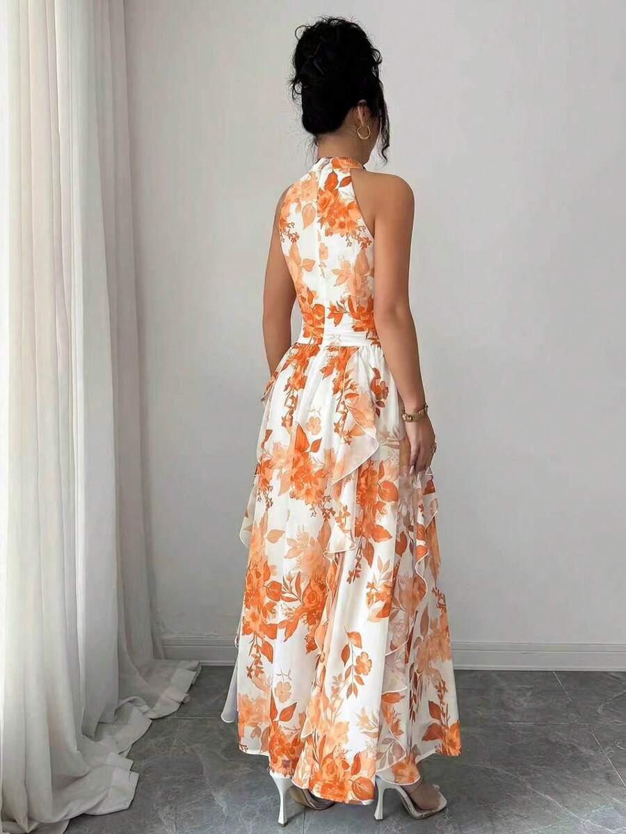 Felicity - Halter Neck Floral Ruffle Maxi Dress