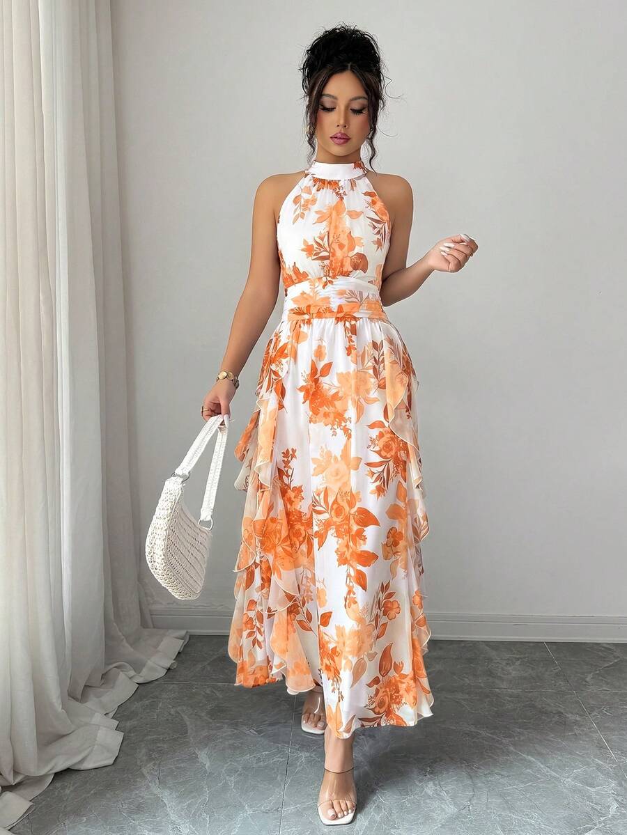 Felicity - Halter Neck Floral Ruffle Maxi Dress