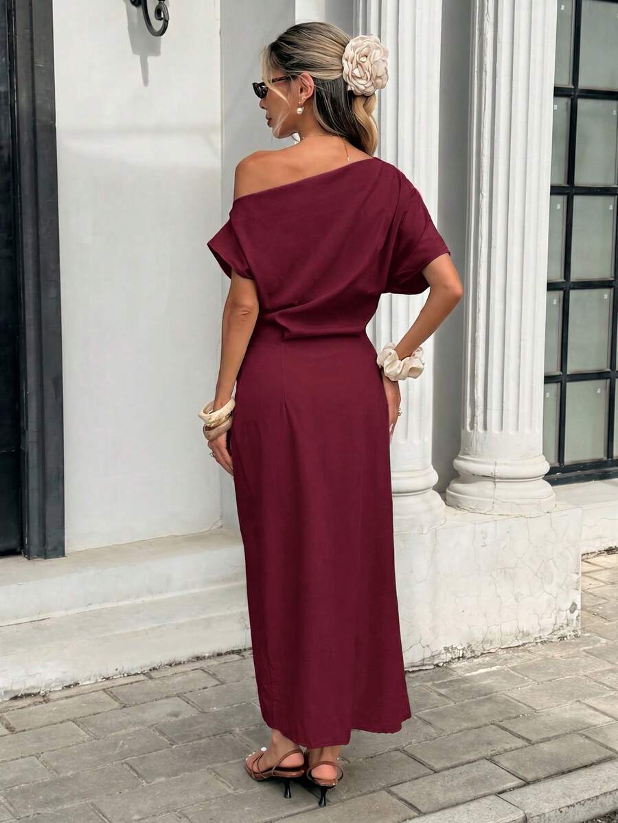 Serise - Off Shoulder Buckle Wrap Maxi Dress