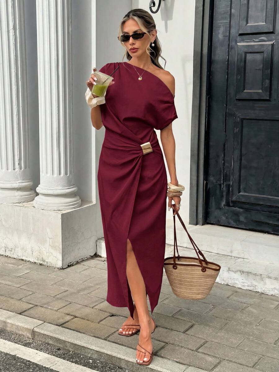 Serise - Off Shoulder Buckle Wrap Maxi Dress