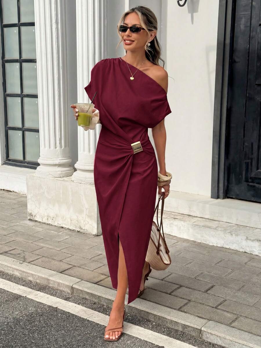 Serise - Off Shoulder Buckle Wrap Maxi Dress
