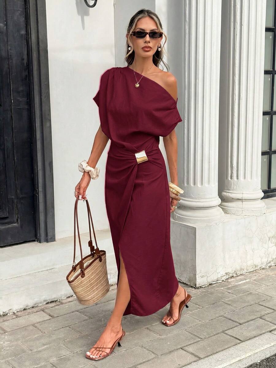Serise - Off Shoulder Buckle Wrap Maxi Dress