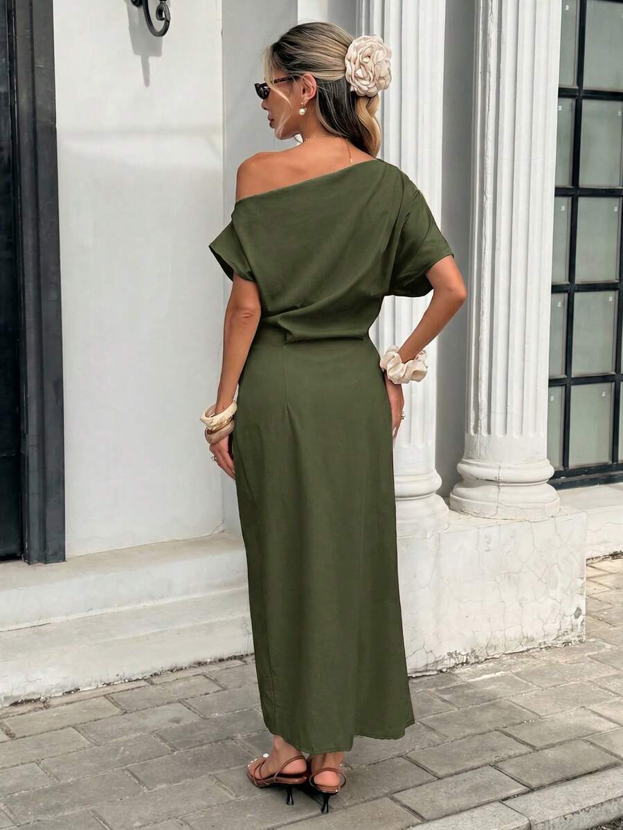 Serise - Off Shoulder Buckle Wrap Maxi Dress