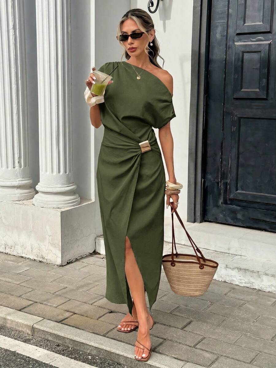 Serise - Off Shoulder Buckle Wrap Maxi Dress