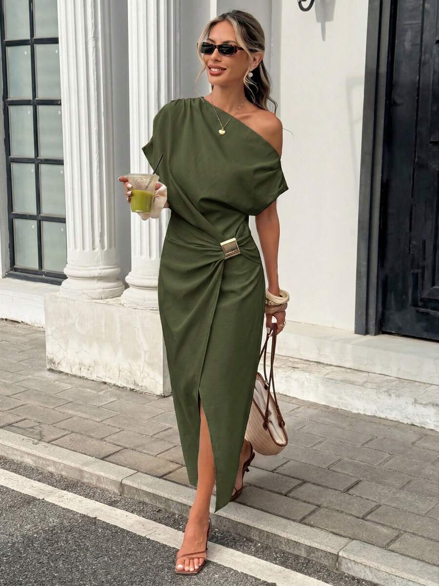 Serise - Off Shoulder Buckle Wrap Maxi Dress