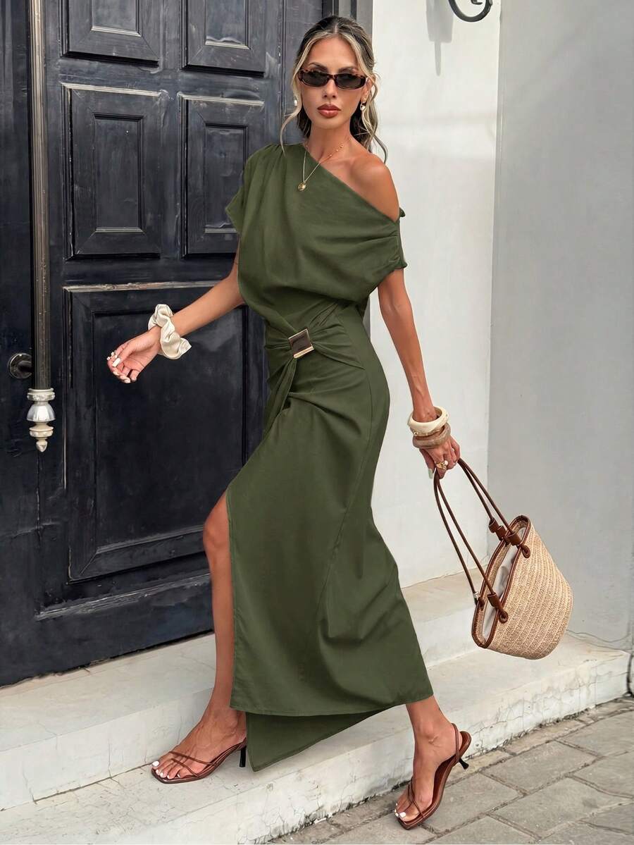 Serise - Off Shoulder Buckle Wrap Maxi Dress