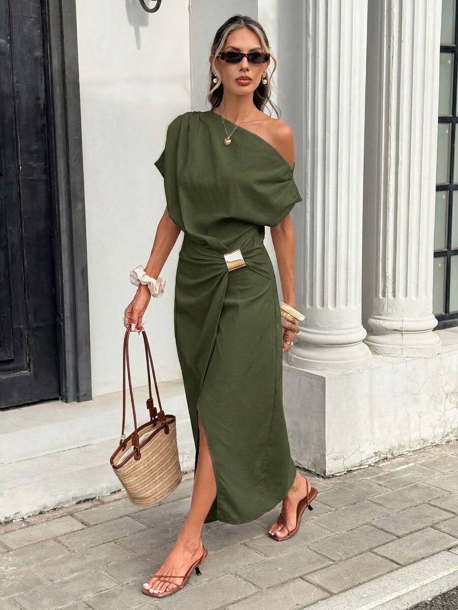 Serise - Off Shoulder Buckle Wrap Maxi Dress