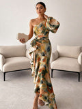 Joya - One Shoulder Print Maxi Dress with Ruffle Hem