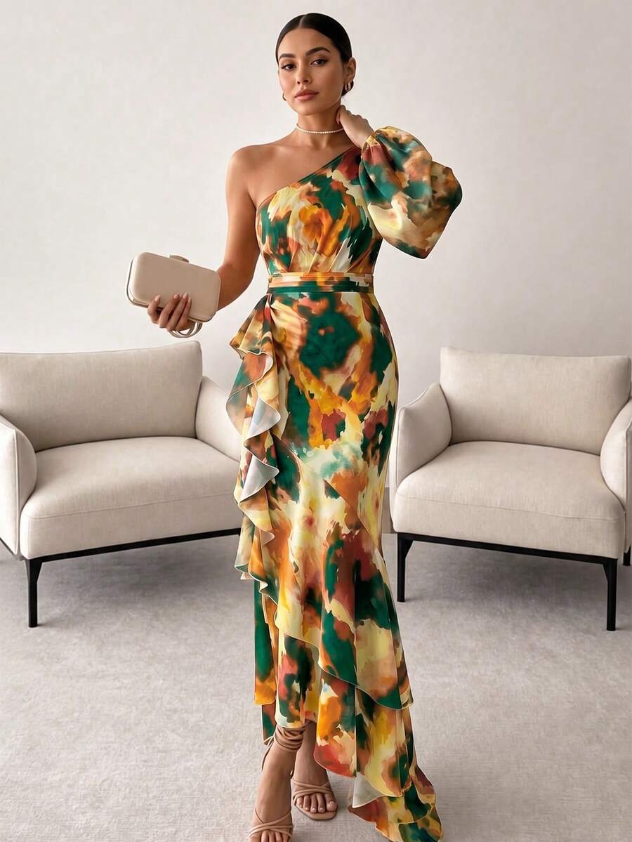 Joya - One Shoulder Print Maxi Dress with Ruffle Hem