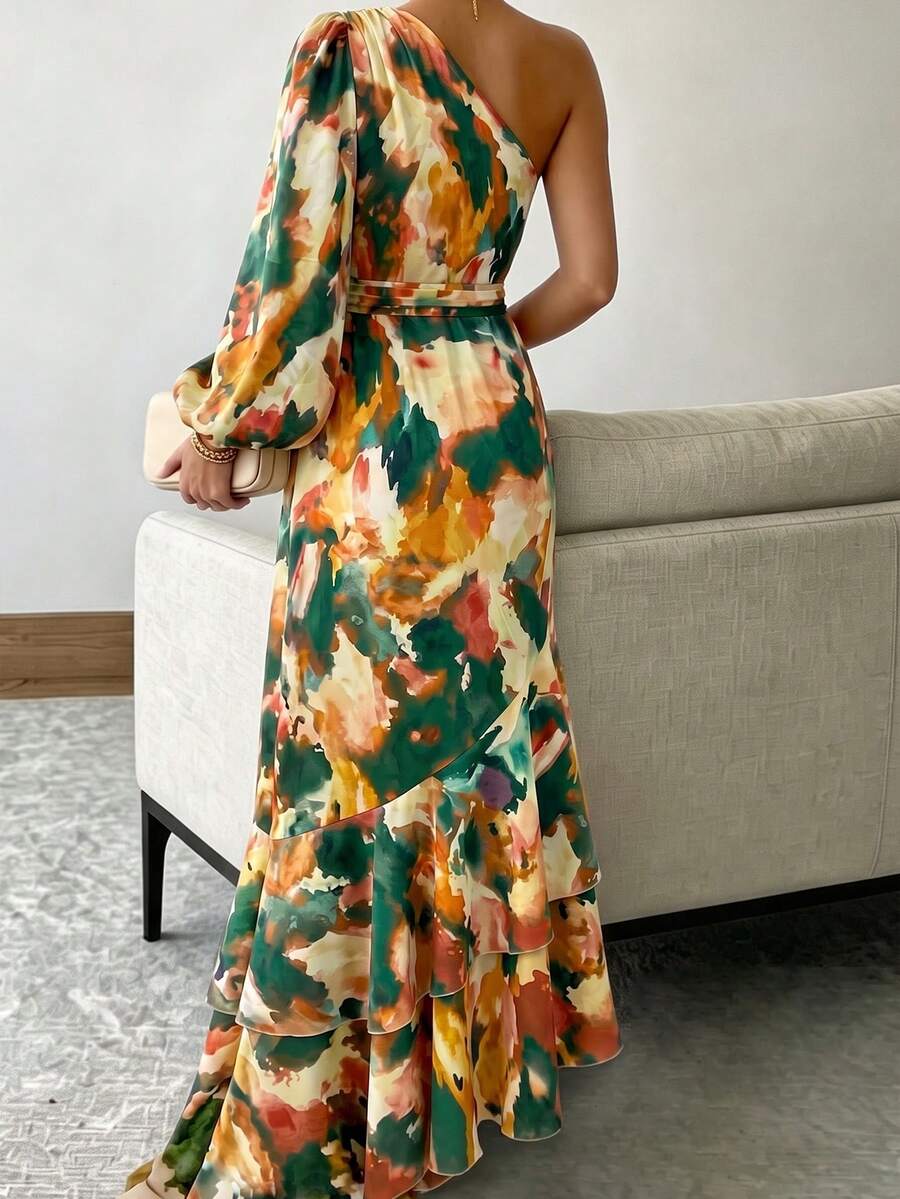 Joya - One Shoulder Print Maxi Dress with Ruffle Hem
