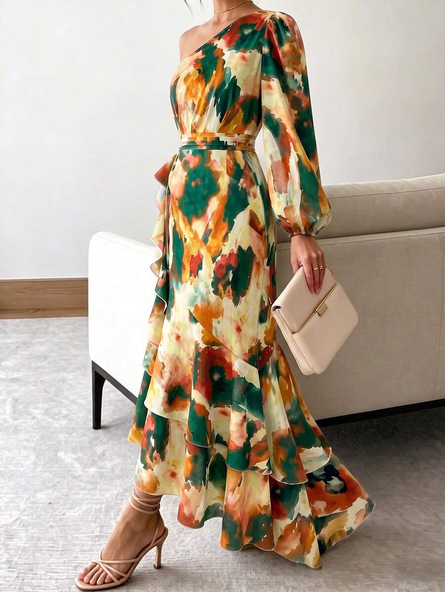 Joya - One Shoulder Print Maxi Dress with Ruffle Hem