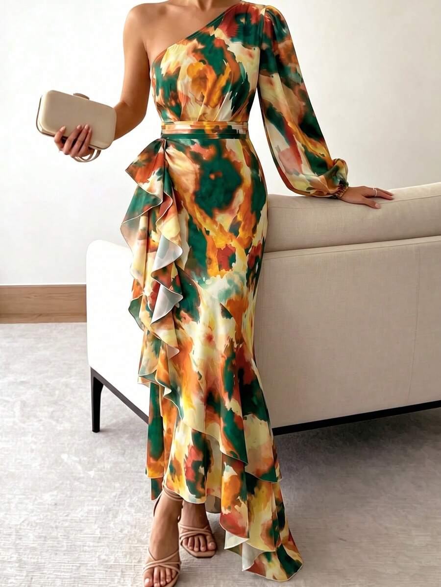 Joya - One Shoulder Print Maxi Dress with Ruffle Hem
