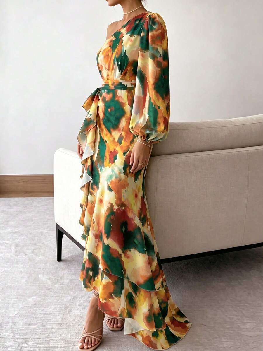 Joya - One Shoulder Print Maxi Dress with Ruffle Hem