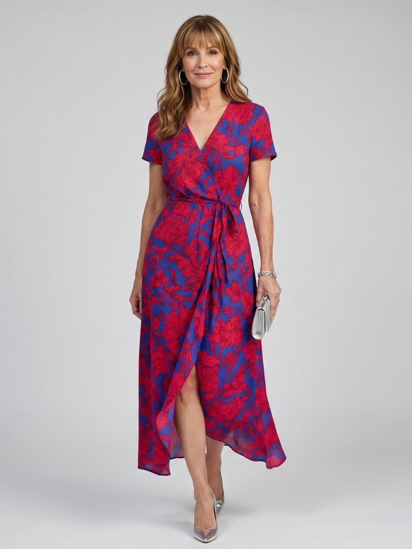 Priya - Short Sleeve Floral Wrap Midi Dress