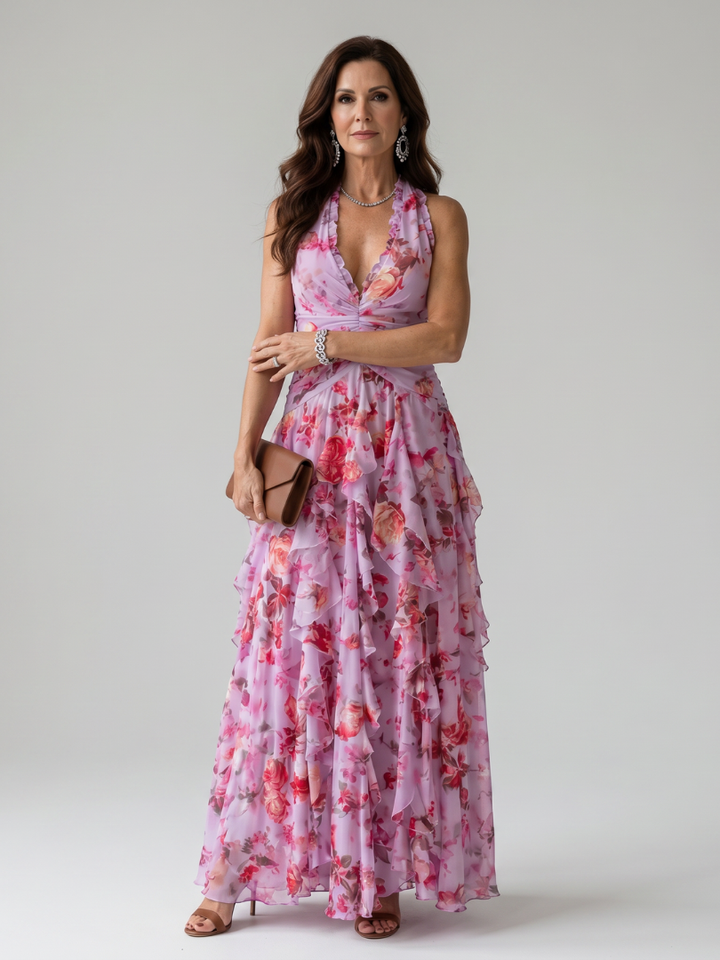 Nori - Halter Neck Ruched Bodice Floral Maxi Dress