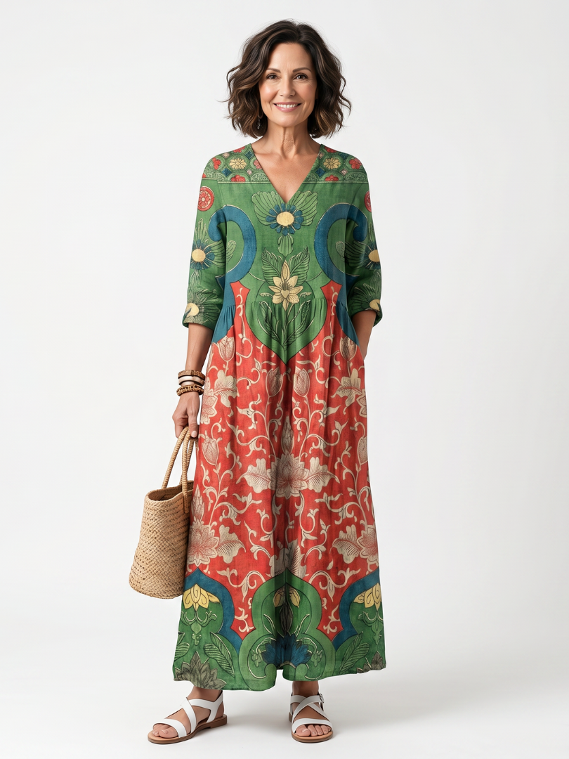 Sloane - Mixed Print V Neck Pocket Midi Dress