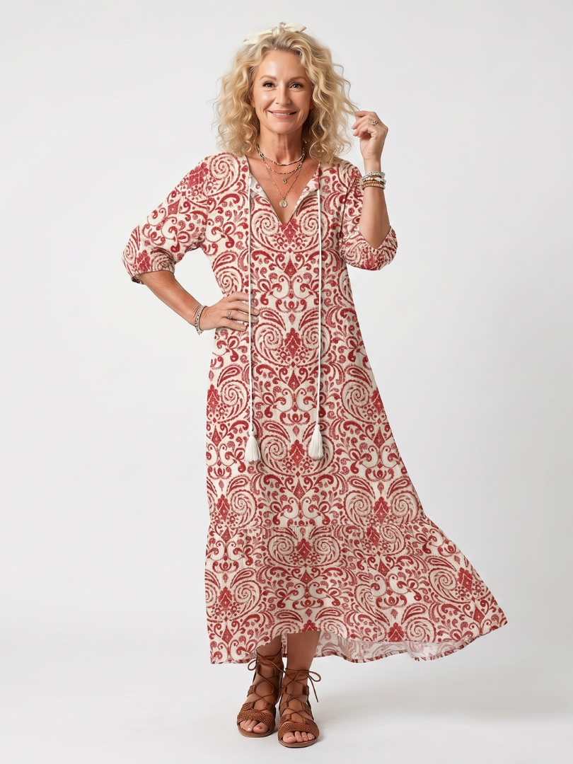 Noelle - Ornate Print Tassel Tie Midi Dress