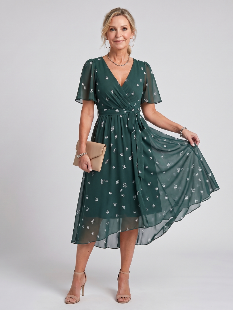 Mirabel - Flutter Sleeve Gathered Waist Floral Print Midi Dress