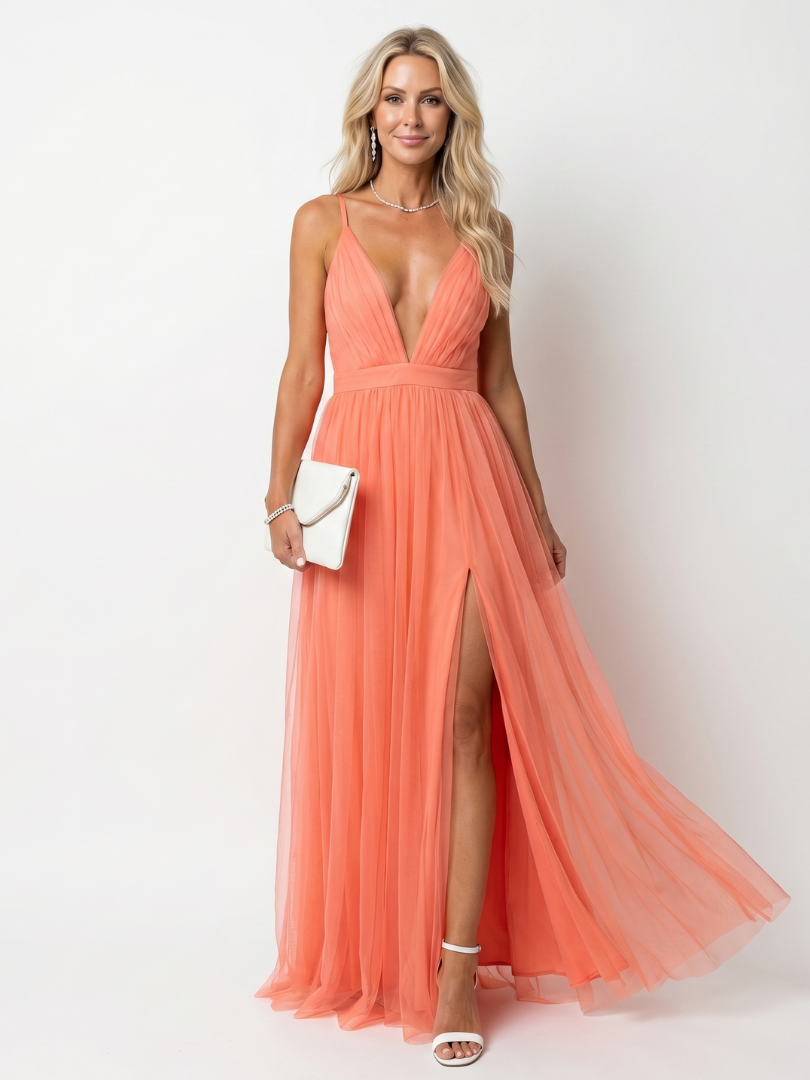 Tia - Deep V Strap Pleated Maxi Dress