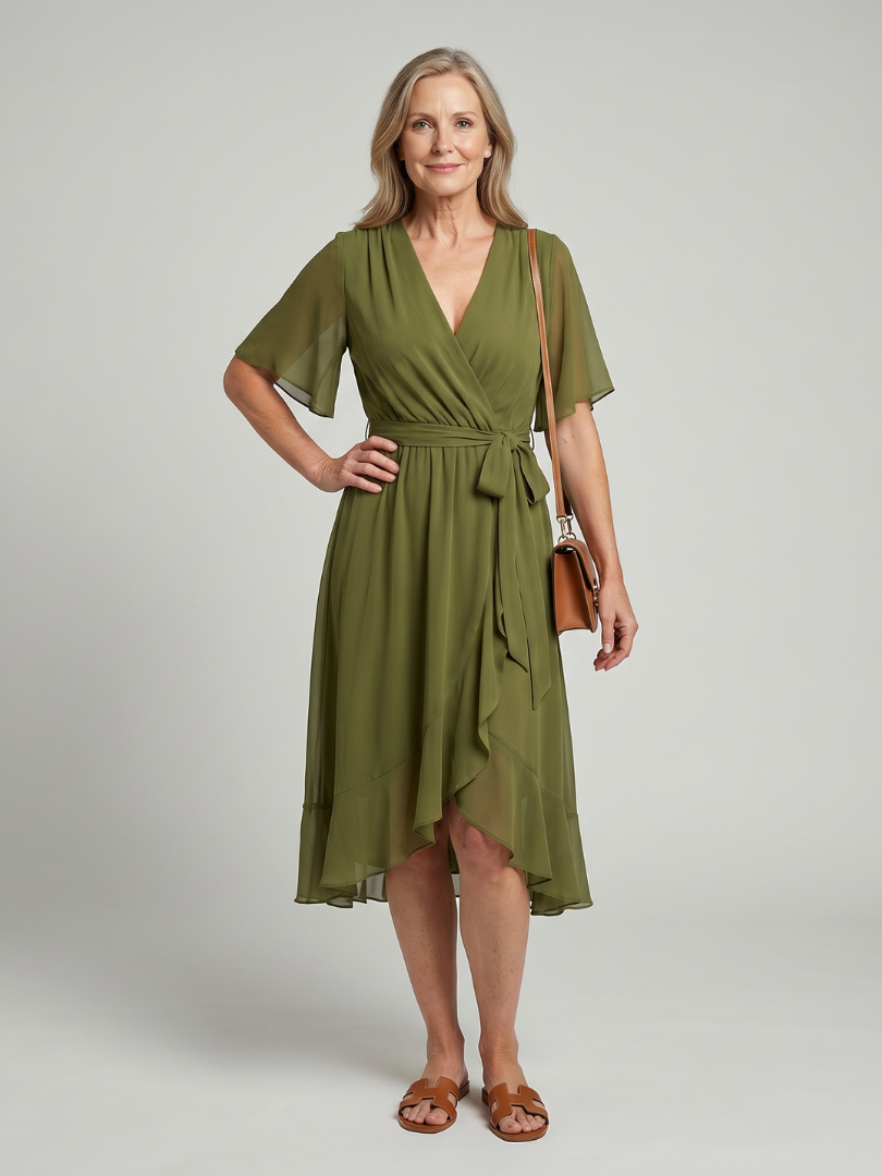Keziah - Short Sleeve Wrap Soft Flowing Hem Midi Dress