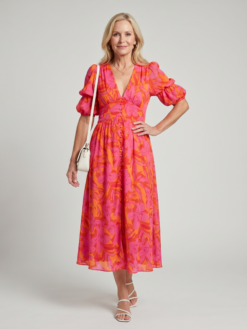Zarelle - Puff Sleeve V Neck Bold Floral Print Midi Dress