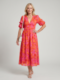 Zarelle - Puff Sleeve V Neck Bold Floral Print Midi Dress