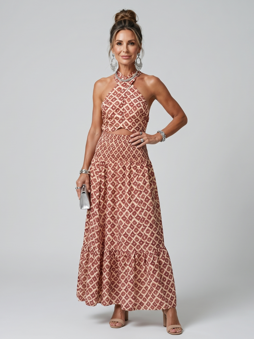 Amira - Cross Halter Geometric Print Cutout Midi Dress