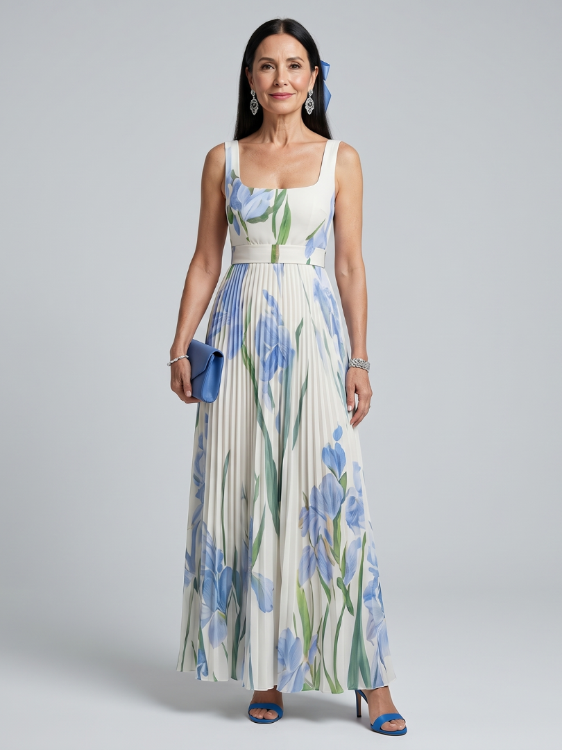 Ophelia - Sleeveless Square Neck Floral Print Midi Dress