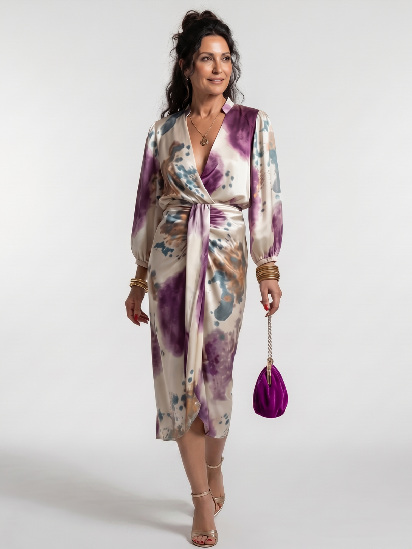 Valentina - Cross Wrap Tie Waist Printed Midi Dress