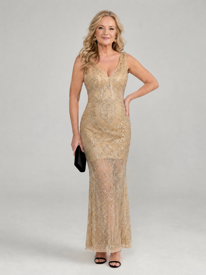 Sirea - Sequin Sleeveless Sheer Panel Midi Dress