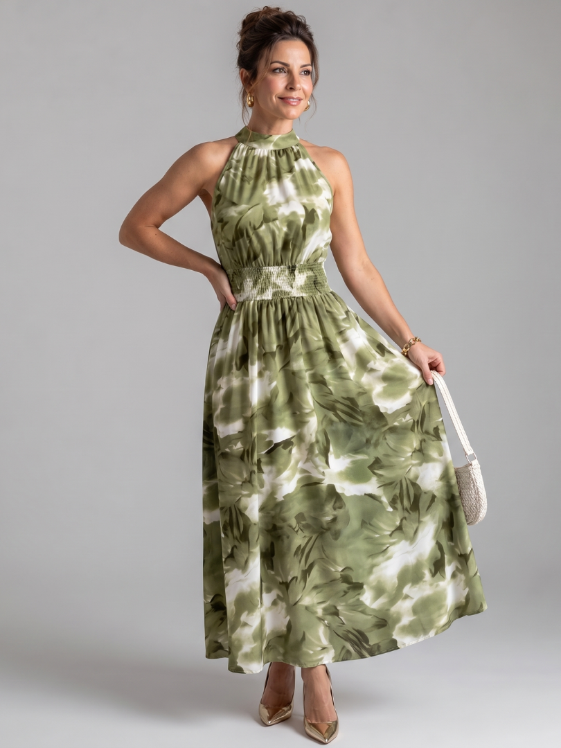Olivia - Gathered Waist Abstract Print Midi Dress