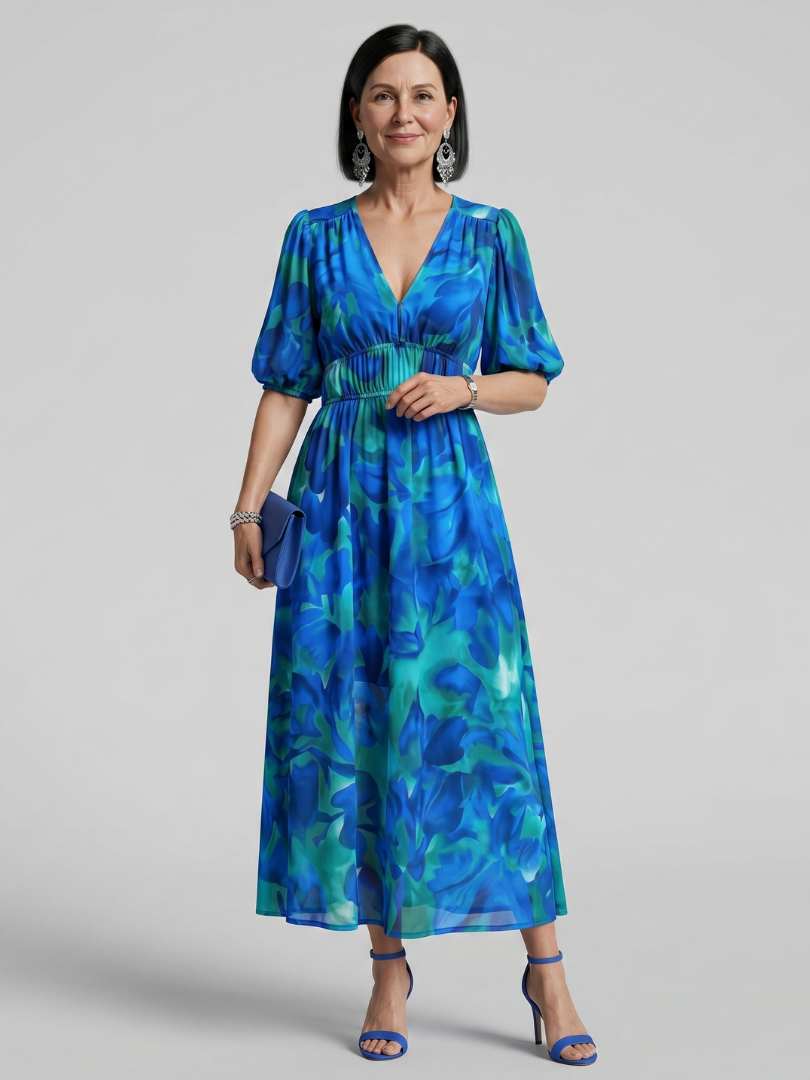 Candlia - Puff Sleeve V Neck Abstract Print Midi Dress